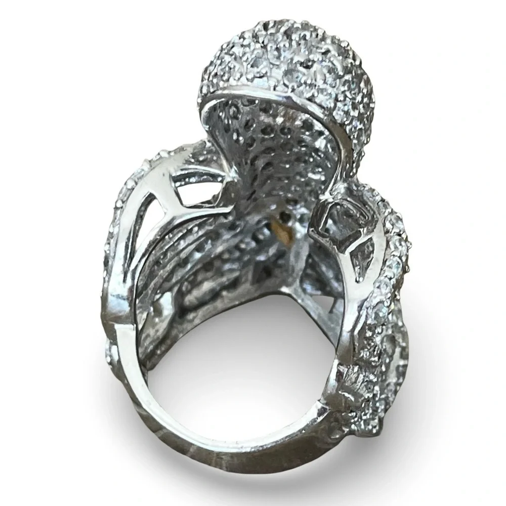 Large Sparkling Pave Silver Tone Statement Octopus Ring Size 7